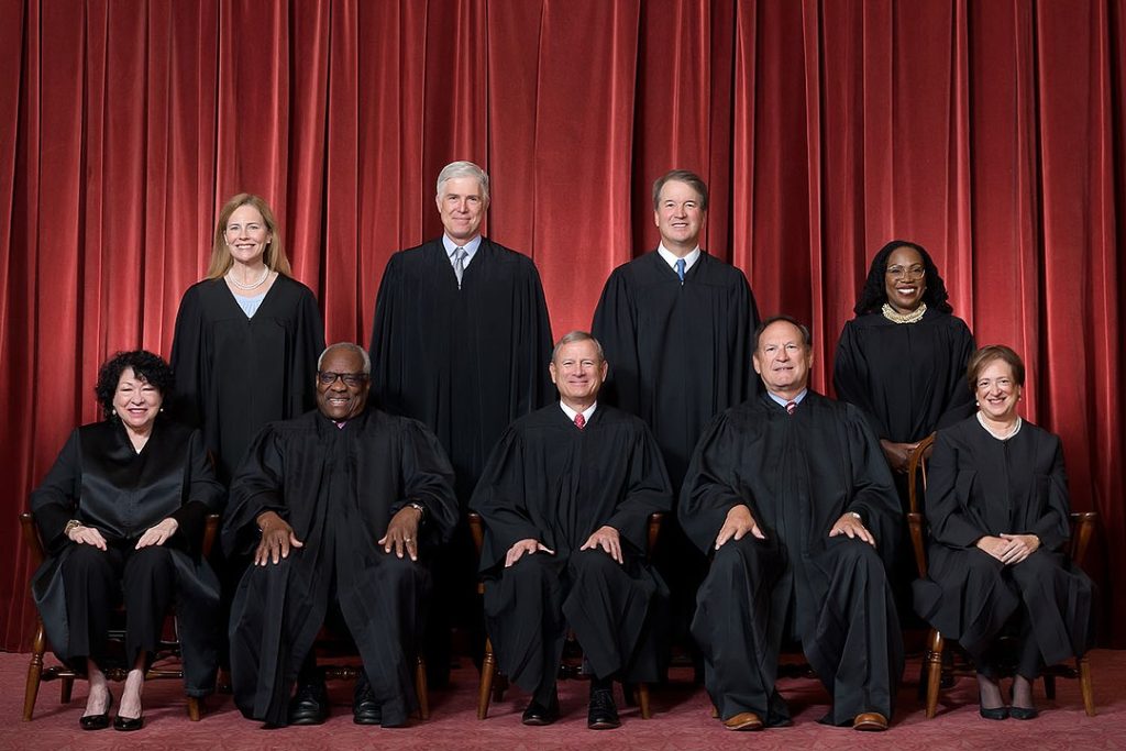 Formal group photograph of the Supreme Court as it was been comprised on June 30, 2022 after Justice Ketanji Brown Jackson joined the Court. The Justices are posed in front of red velvet drapes and arranged by seniority, with five seated and four standing. Seated from left are Justices Sonia Sotomayor, Clarence Thomas, Chief Justice John G. Roberts, Jr., and Justices Samuel A. Alito and Elena Kagan. Standing from left are Justices Amy Coney Barrett, Neil M. Gorsuch, Brett M. Kavanaugh, and Ketanji Brown Jackson.