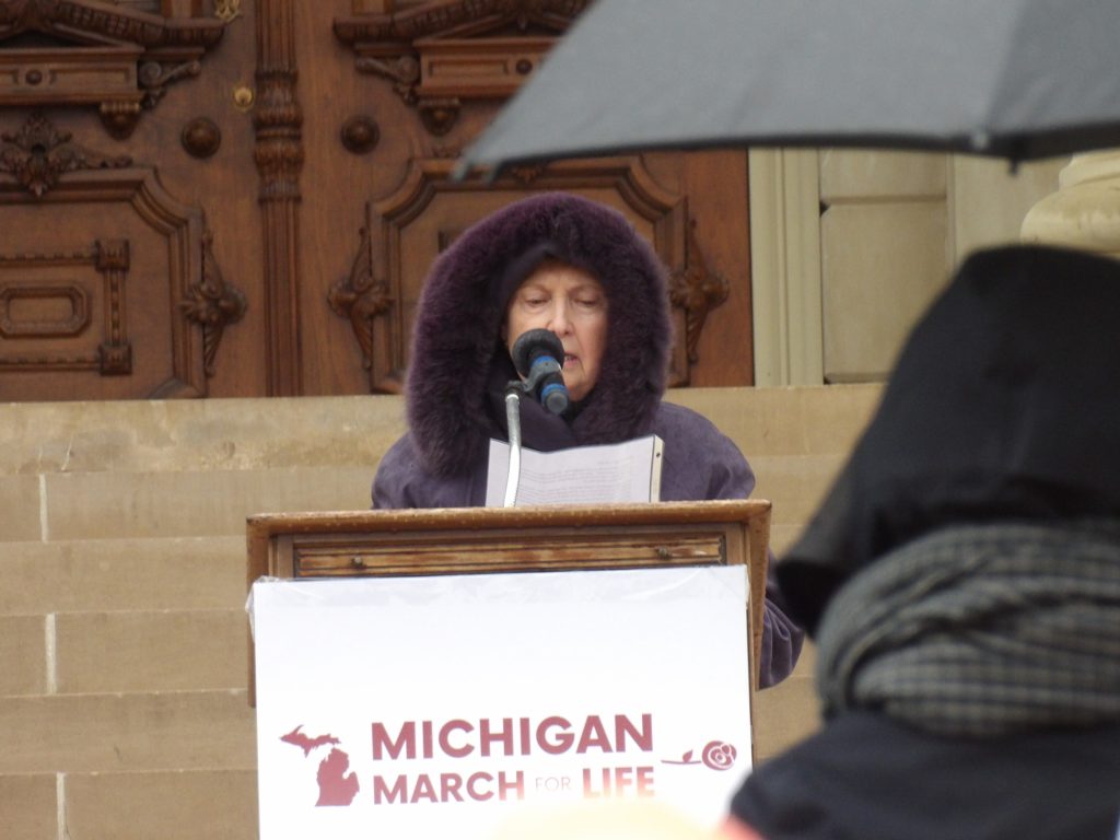 Barb Listing on the steps of Michigan's Capitol.  November 8, 2023