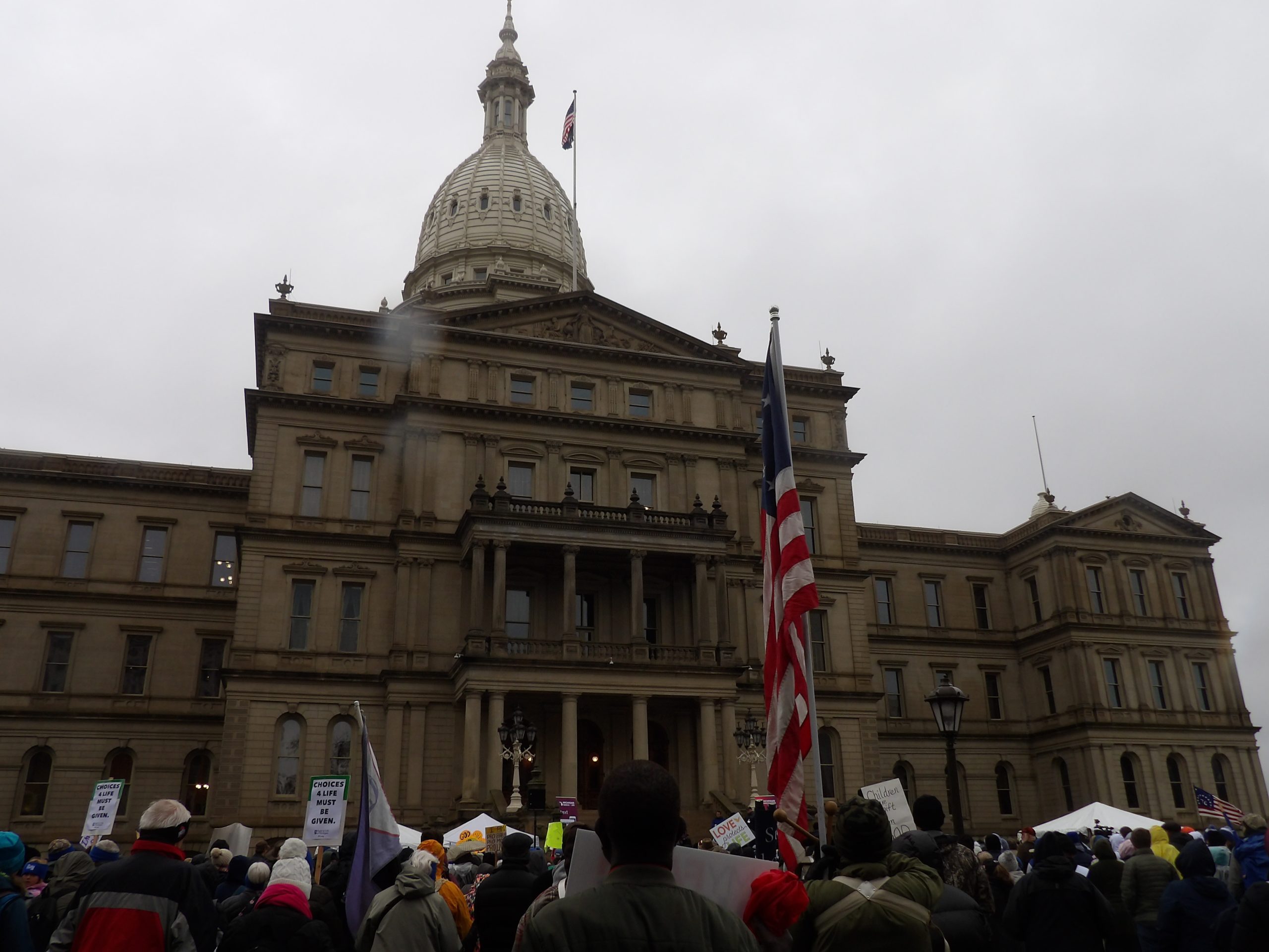 A shot of the crowd outside Michigan's Capitol listening to Barb Listing on November 8, 2023.