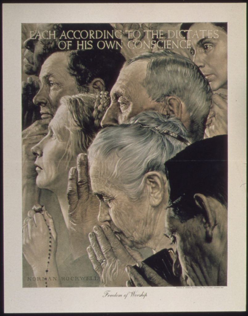 Norman Rockwell Freedom of Worship Artwork. Public Domain.